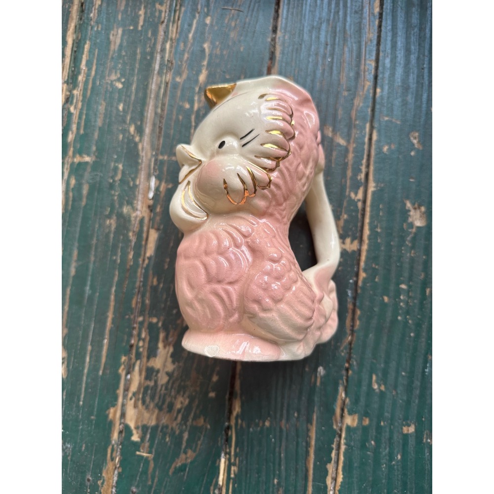 Vintage Pink Ceramic Bird Pitcher Creamer Gold Accents Anthropomorphic Kitsch